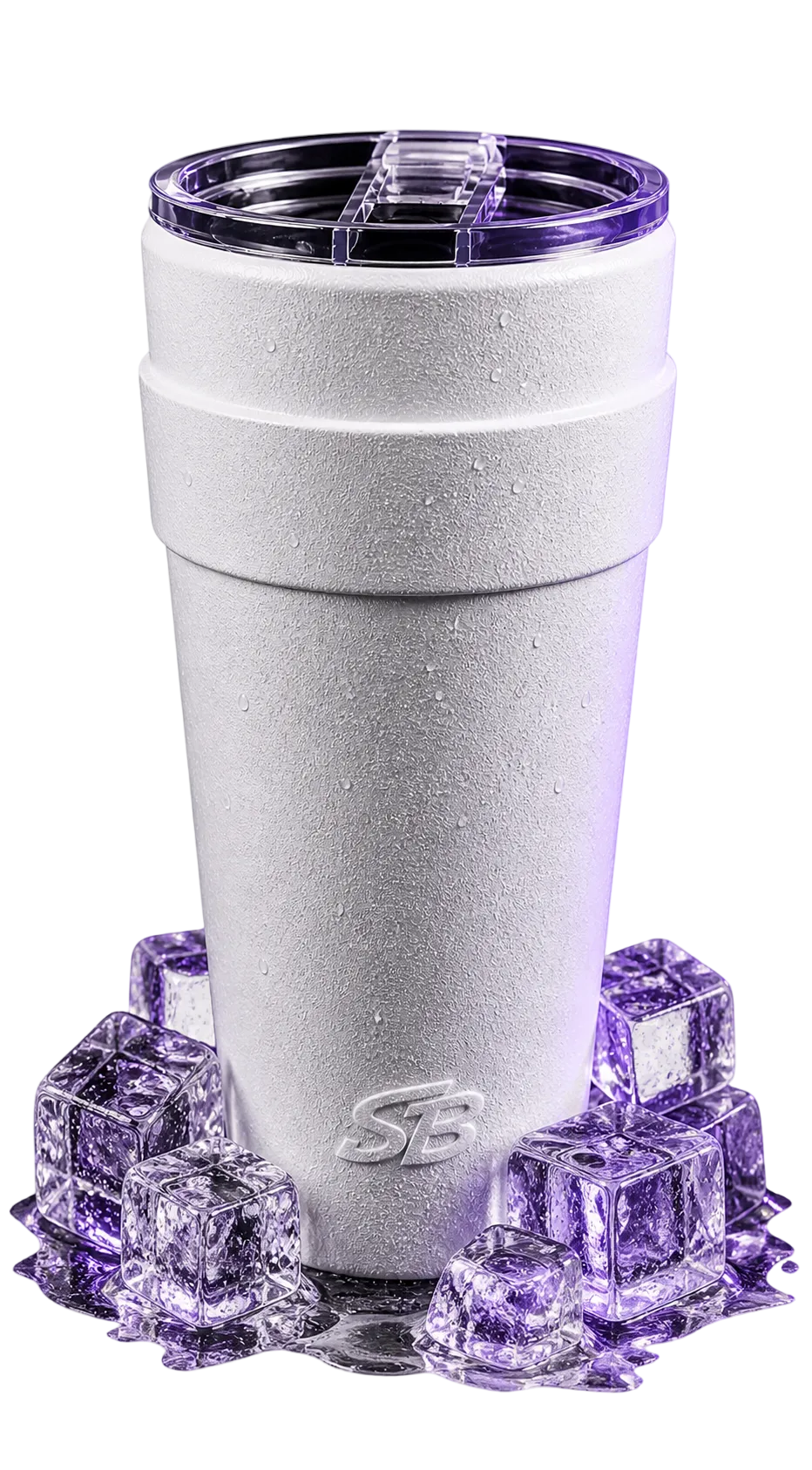 White Double Cup tumbler with condensation against a purple-lit background